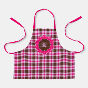 Pink & Brown Plaid Monogram In Scalloped Frame Apron