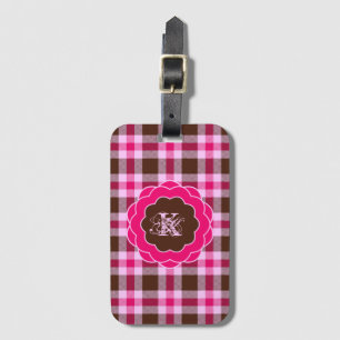 Pink & Brown Plaid Monogram In Scalloped Frame Luggage Tag