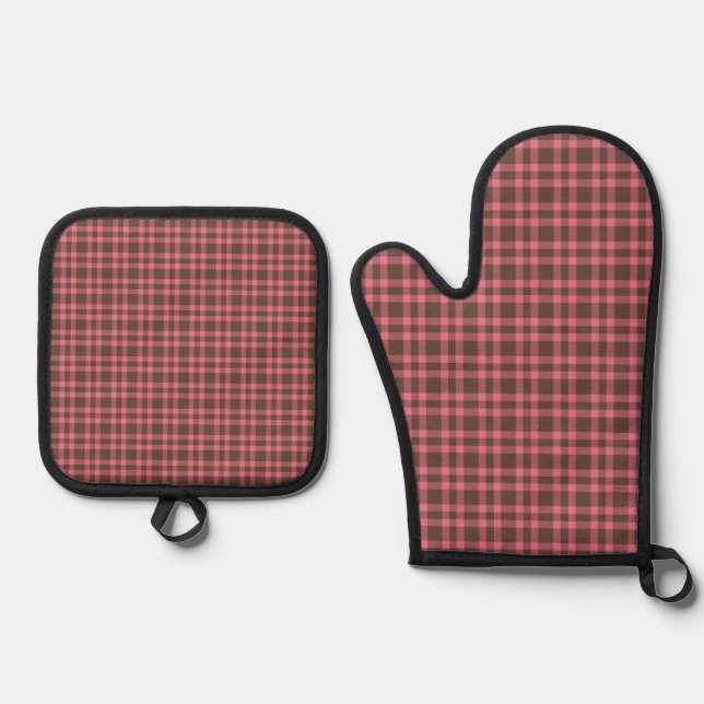 Pink Brown Plaid Pattern Oven Mitt & Pot Holder Set (Front)