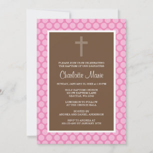 Pink Brown Polka Dot Cross Baptism Christening Invitation