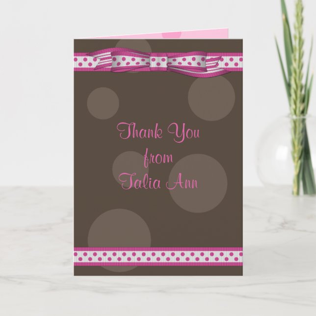 Pink Brown Polka Dot Ribbon Bat Mitzvah Thank You (Front)