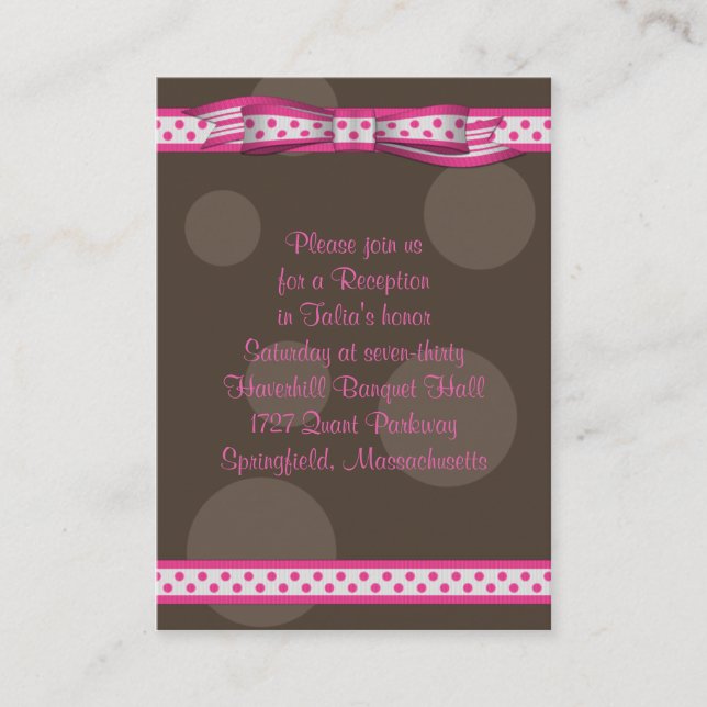 Pink & Brown Polka Dots Bat Mitzvah Reception Card (Front)