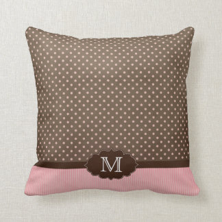Pink brown polkadots + stripes monogram pillow