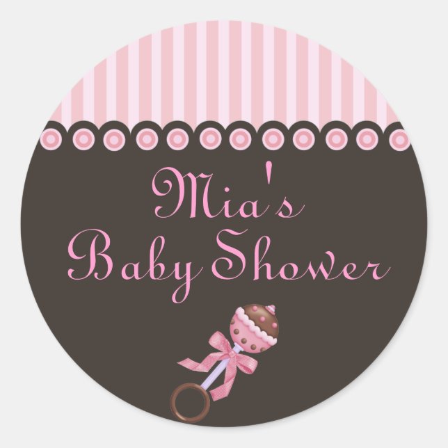 Pink & Brown Rattle Design Baby Shower Sticker (Front)