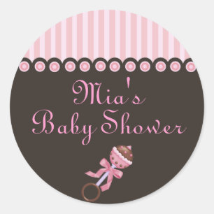 Pink & Brown Rattle Design Baby Shower Sticker