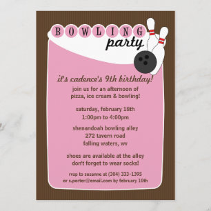 Pink/Brown Retro Bowling Alley Bowling Birthday Invitation