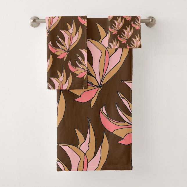 Pink Brown Root Plant On Brown  Bath Towel Set (Insitu)