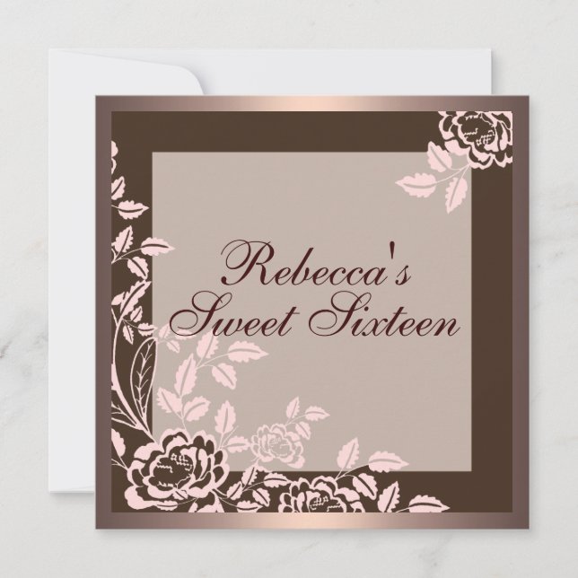 Pink & Brown Rose Sweet 16 Birthday Invitation (Front)
