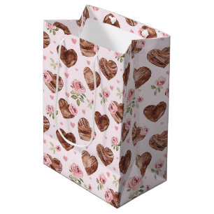 Pink Brown Roses Floral Hearts Bridal Shower Medium Gift Bag