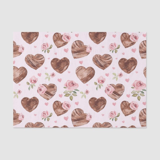 Pink Brown Roses Floral Hearts Bridal Shower Tissue Paper (Front)