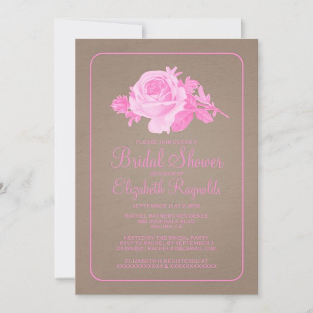 Pink Brown Rustic Floral Bridal Shower Invitations (Front)