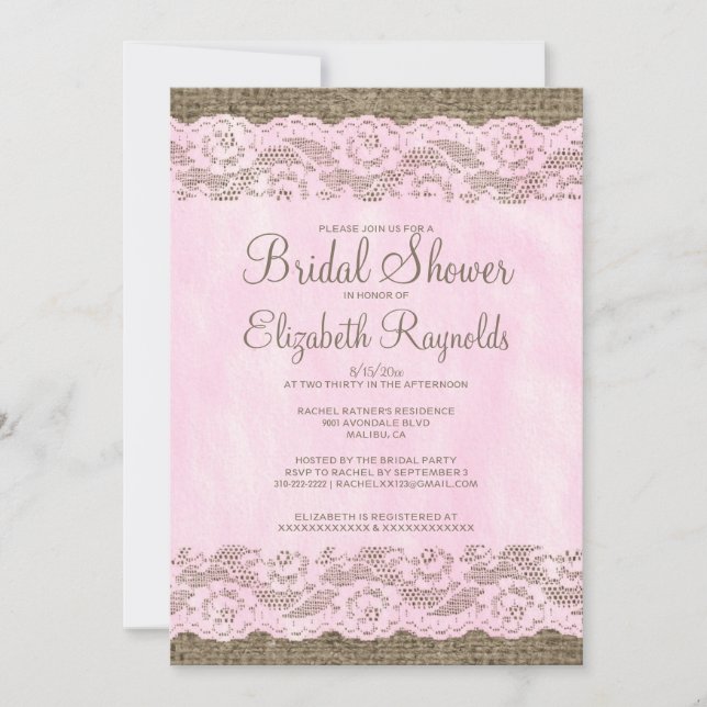 Pink & Brown Rustic Lace Bridal Shower Invitations (Front)