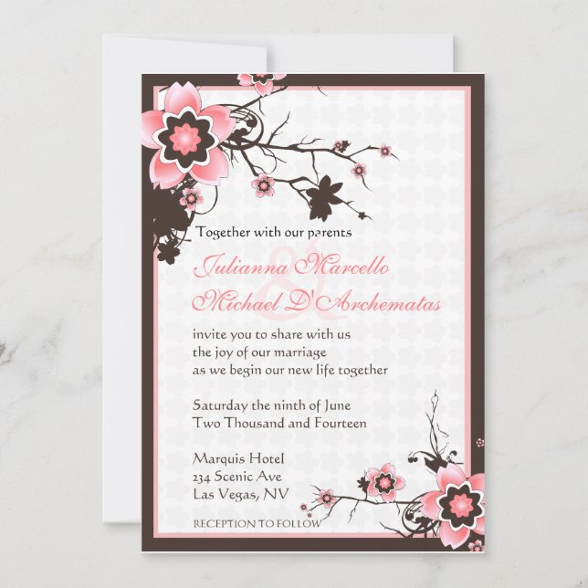 Pink & Brown Sakura Cherry Blossoms Wedding Invite (Front)