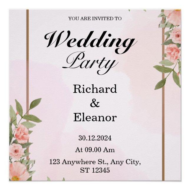 Pink & Brown Simple Wedding Party Poster (Front)