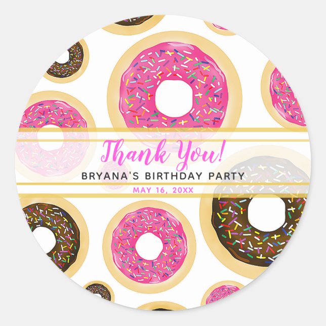 Pink & Brown Sprinkle Doughnuts Modern Birthday Pa Classic Round Sticker (Front)