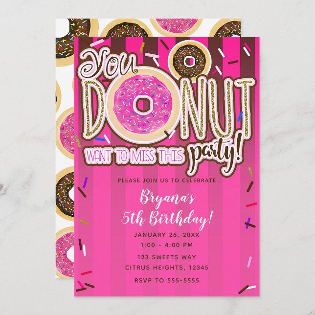 Pink & Brown Sprinkle Doughnuts Modern Birthday Pa Invitation (Front/Back)