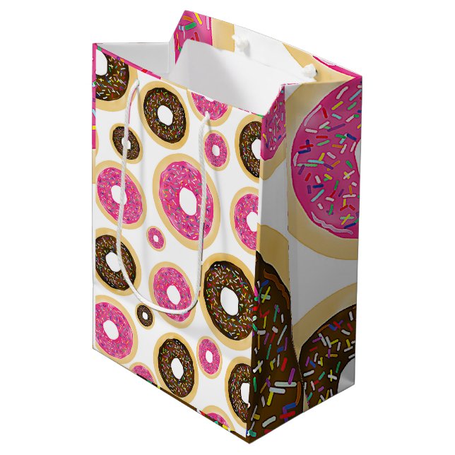 Pink & Brown Sprinkle Doughnuts Modern Birthday Pa Medium Gift Bag (Front Angled)