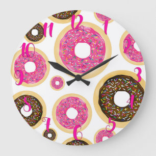 Pink & Brown Sprinkle Doughnuts Modern Fun Cute Large Clock
