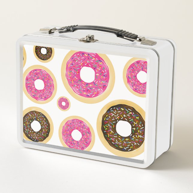 Pink & Brown Sprinkle Doughnuts Modern Fun Cute Metal Lunch Box (Front)
