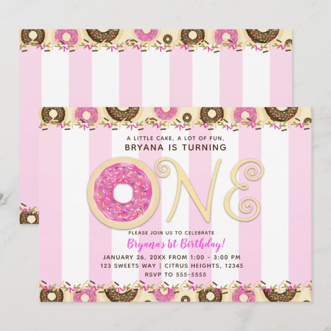 Pink Brown Sprinkle Doughnuts ONE 1ST Birthday Par Invitation (Front/Back)