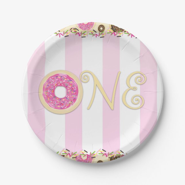 Pink Brown Sprinkle Doughnuts ONE 1ST Birthday Par Paper Plate (Front)