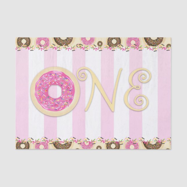 Pink Brown Sprinkle Doughnuts ONE 1ST Birthday Par Tissue Paper (Front)