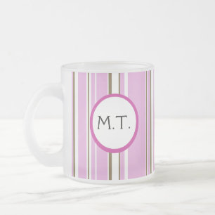Pink Brown Stripe Monogram Frosted Glass Coffee Mug