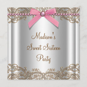 Pink Brown Sweet 16 Birthday Party Invitation
