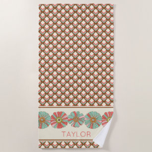 Pink Brown Teal Geometric Diamonds Retro Floral Beach Towel