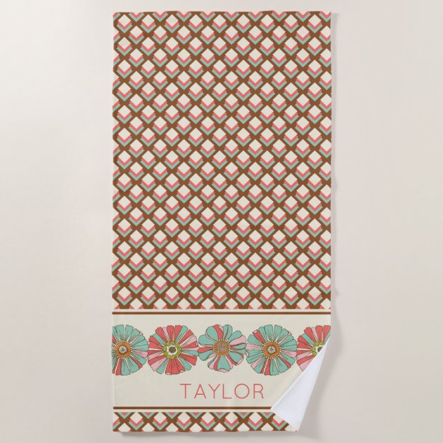 Pink Brown Teal Geometric Diamonds Retro Floral Beach Towel (Front)