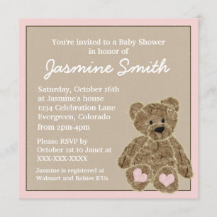 Pink brown teddy bear baby shower invitations