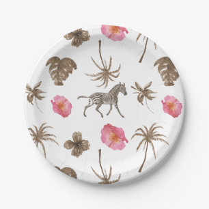 Pink Brown Tropical Zebra Floral Palm Trees Paper Plate