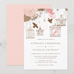 Pink & Brown Vintage Birdcages Wedding Invitation