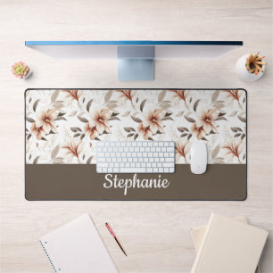 Pink Brown Watercolor Wildflower Monogram Name Desk Mat