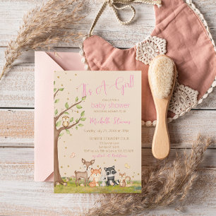 Pink Brown Watercolor Woodland Animals  Invitation