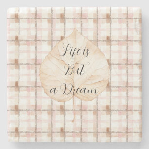 Pink Brown White Plaid Stripes Leaf Stone Coaster