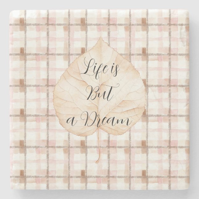 Pink Brown White Plaid Stripes Leaf Stone Coaster (Front)