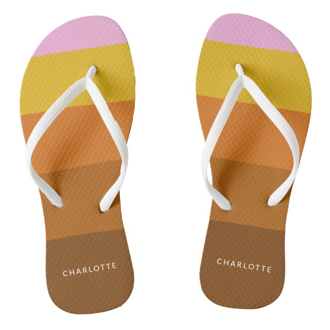 Pink Brown Wide Abstract Stripes Personalised    Flip Flops (Footbed)