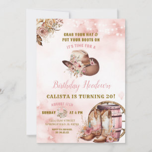 Pink Brown Woods Cowgirl Birthday Hoedown Invitation