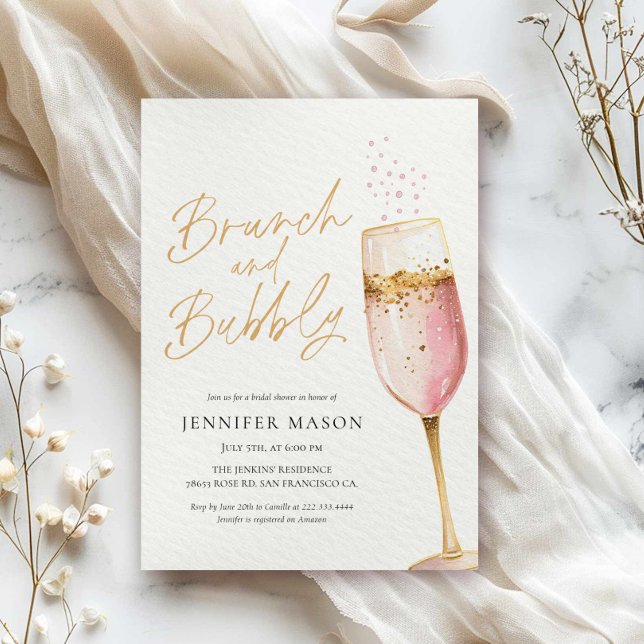 Pink Brunch and Bubbly Bridal Shower Invitation (Elegant Pink Brunch and Bubbly Invitation)