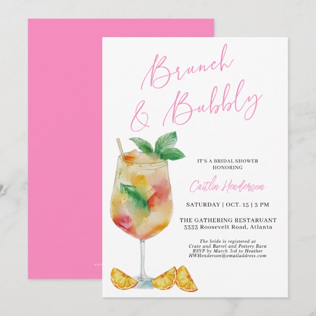  Pink Brunch and Bubbly Champagne Bridal Shower Invitation (Front/Back)