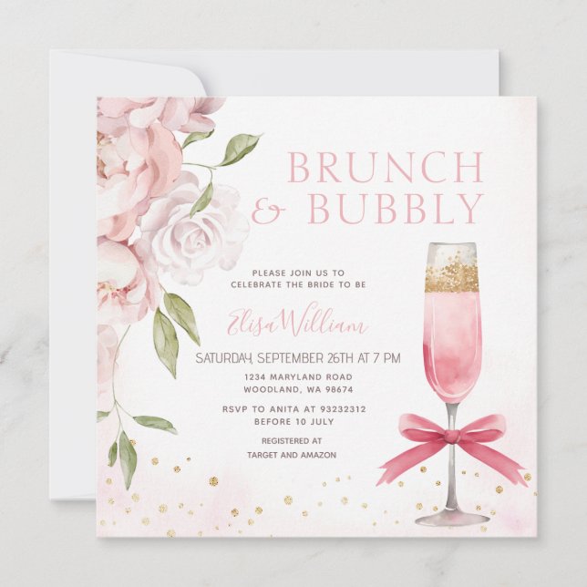 PINK Brunch and Bubbly Coquette Bridal Shower  Invitation (Front)