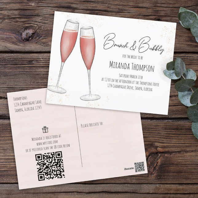 Pink Brunch Bridal Shower QR Code Gift Registry Postcard (Creator Uploaded)