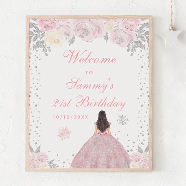 Pink Brunette Hair Girl Birthday Party Welcome Poster (Creator Uploaded)