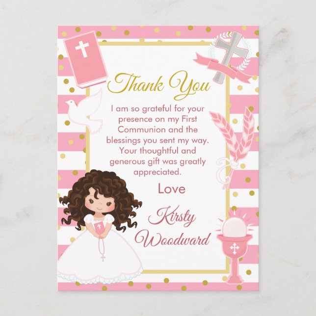 Pink Brunette Hair Girl First Communion Thank You Postcard (Front)