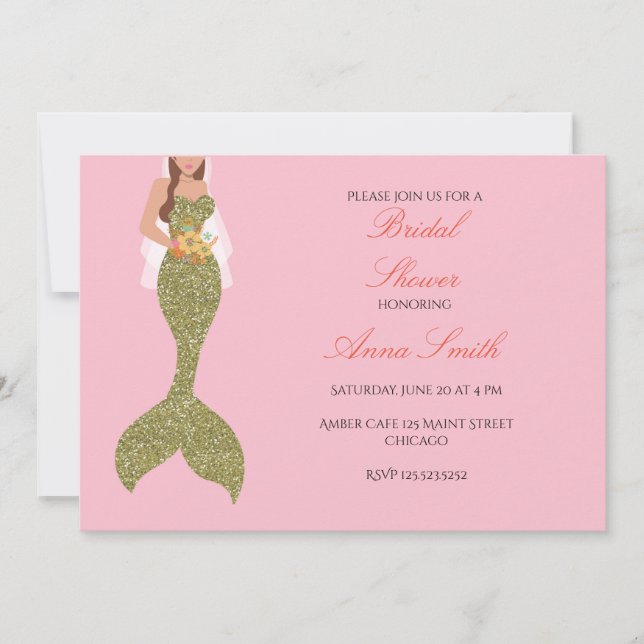 Pink brunette mermaid invitation bridal shower (Front)