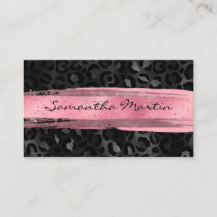 Pink Brush Stroke Black Foil Leopard Business Card