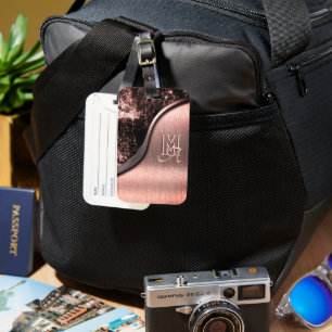 Pink brushed metal and metallic stone monogrammed luggage tag