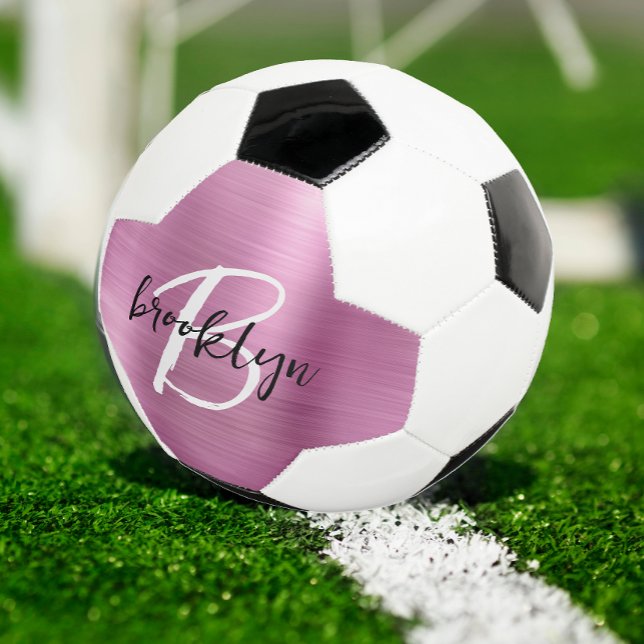 Pink Brushed Metal Black White Script Monogram  Football (Creator Uploaded)