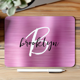 Pink Brushed Metal Black White Script Monogram  Mouse Mat
